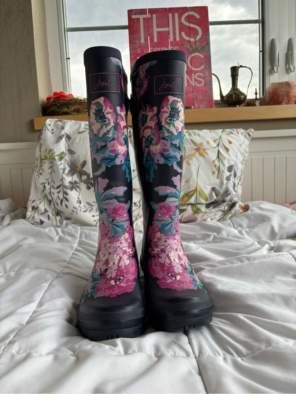 Joules Welly Print Tall Rain Boots Navy Floral Womens US 6 Adjustable